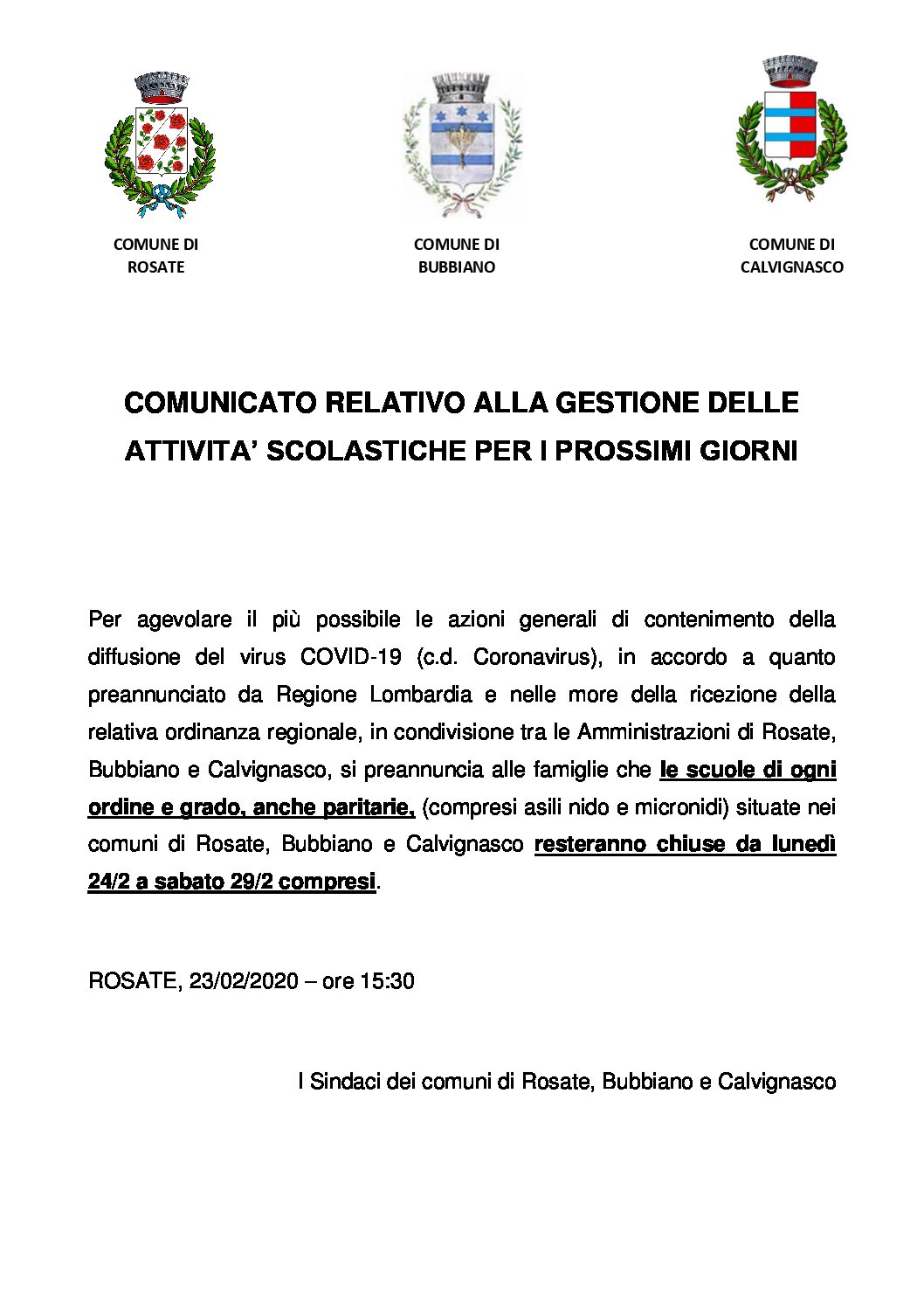 Emergenza COVID 19 – CORONAVIRUS – Comunicato relativo alla gestione delle attività scolastiche per i prossimi giorni