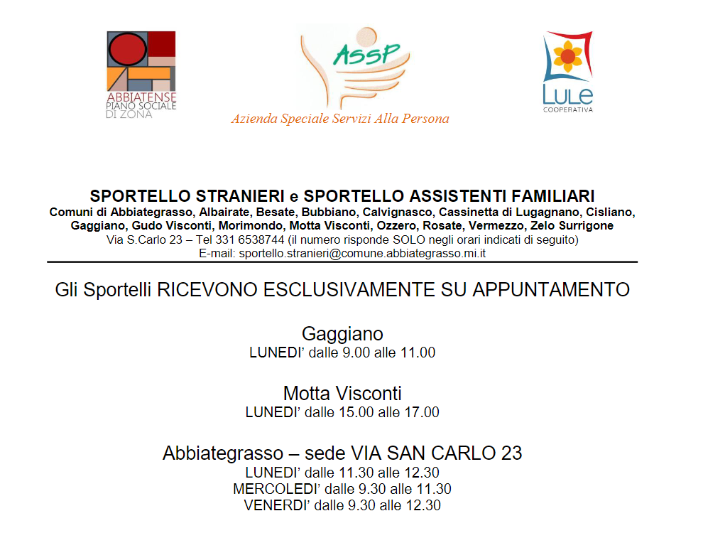 Sportello stranieri e sportello assistenti familiari – giorni e orari ricevimento su appuntamento