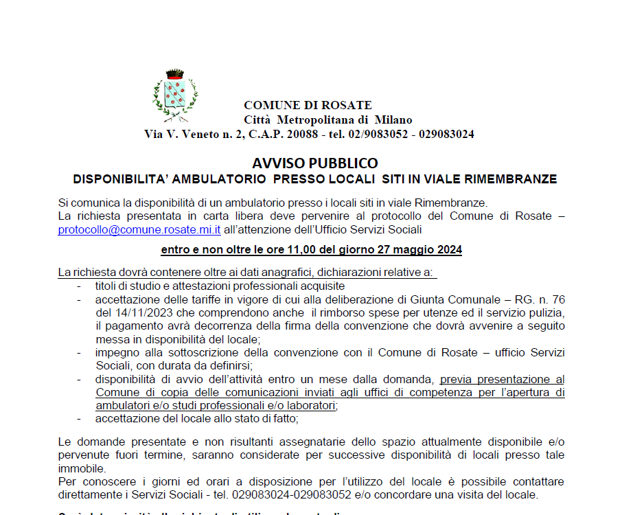 Avviso Pubblico – disponibilità ambulatorio presso locali siti in Viale Rimembranze