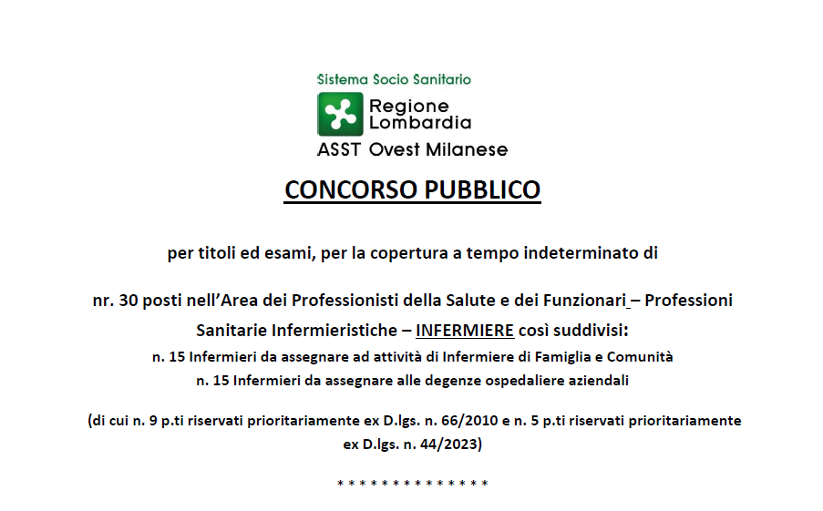 Concorso Pubblico per titoli ed esami, per la copertura a tempo indeterminato di nr. 30 posti nell’Area dei Professionisti della Salute e dei Funzionari – Professioni Sanitarie Infermieristiche – Infermiere